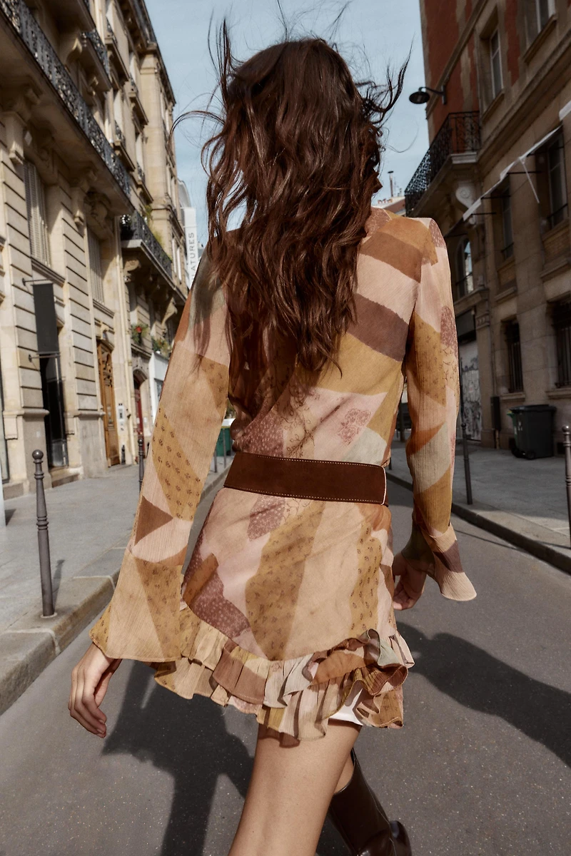 PATCHWORK PRINT BELTED MINI DRESS