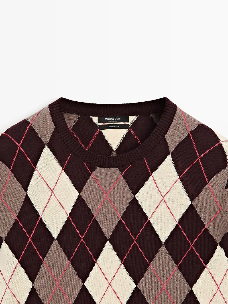Cotton knit sweater with argyle detail