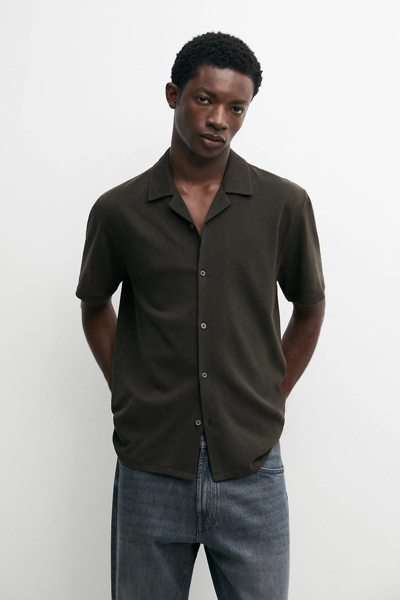 Regular fit short sleeve linen-cotton blend shirt