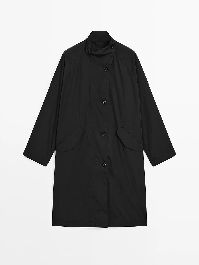 Oversize flowing trench coat water-repellent fabric