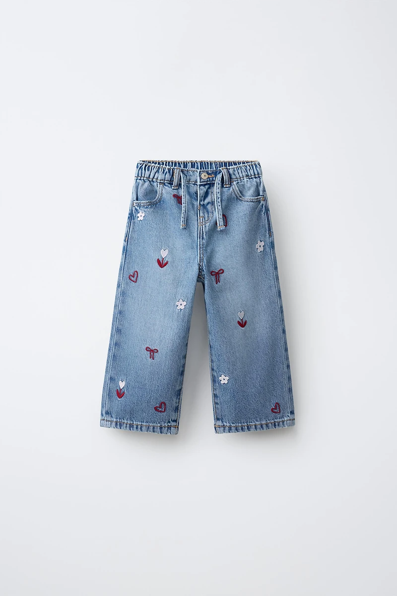 EMBROIDERED FLOWY WIDE LEG JEANS