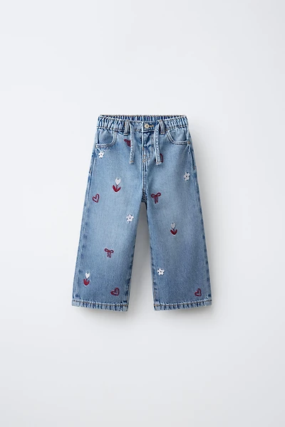 EMBROIDERED FLOWY WIDE LEG JEANS