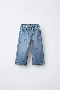 EMBROIDERED FLOWY WIDE LEG JEANS