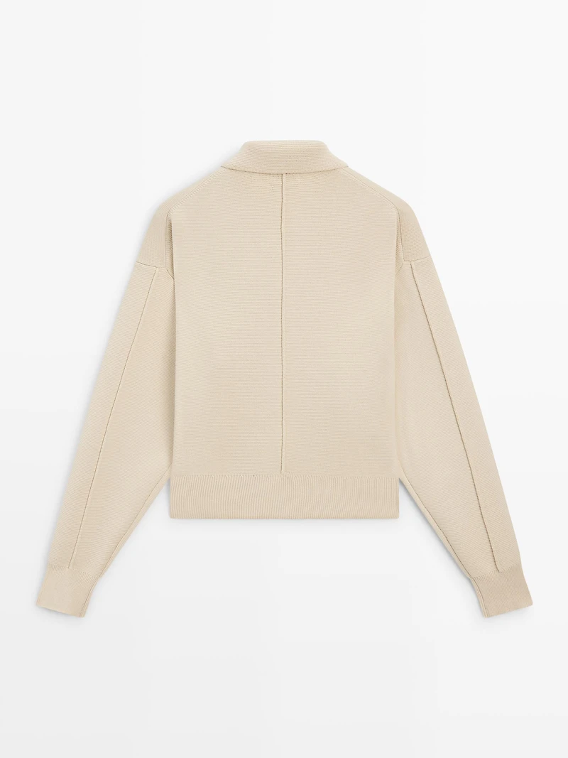 Cotton knit polo collar cardigan