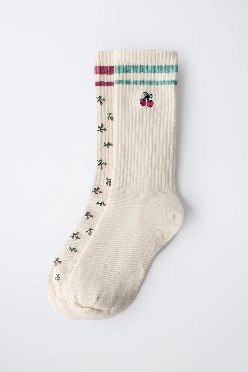 TWO-PACK OF LONG FLORAL STRIPED SOCKS