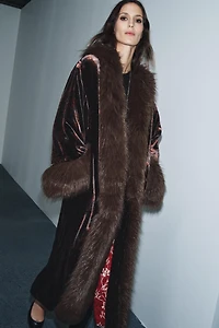 FAUX FUR PRINT VELVET COAT
