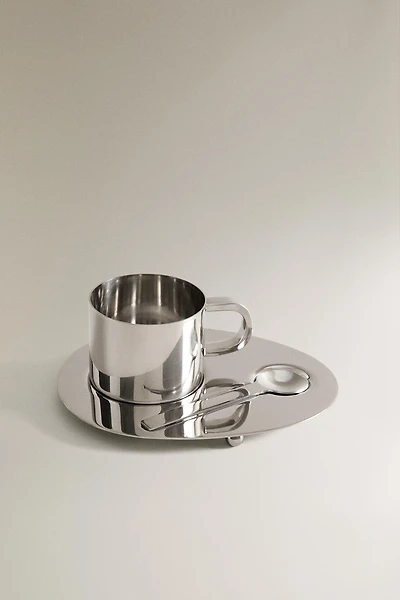 SET TASSE, CUILLÈRE ET PLATEAU ACIER
