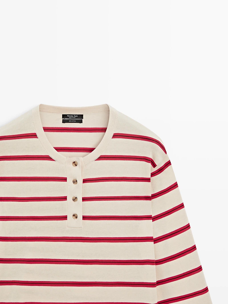 100% cotton striped knit henley sweater