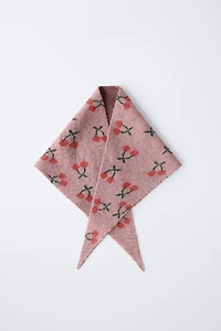 CHERRY EMBROIDERED TRIANGLE KNIT SCARF