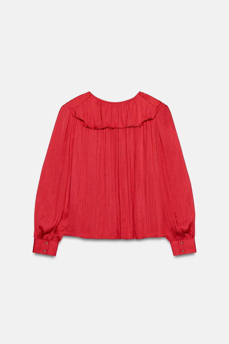 RUFFLED SATIN EFFECT BLOUSE WITH SHOULDER PADS