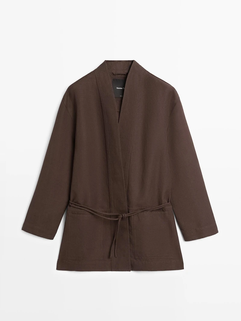 Linen blend kimono jacket with tie detail