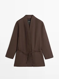 Linen blend kimono jacket with tie detail