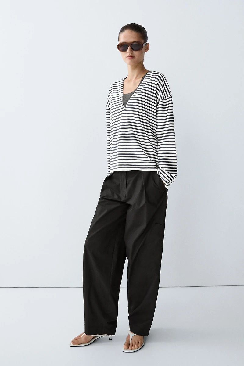 Striped V-neck knit sweater