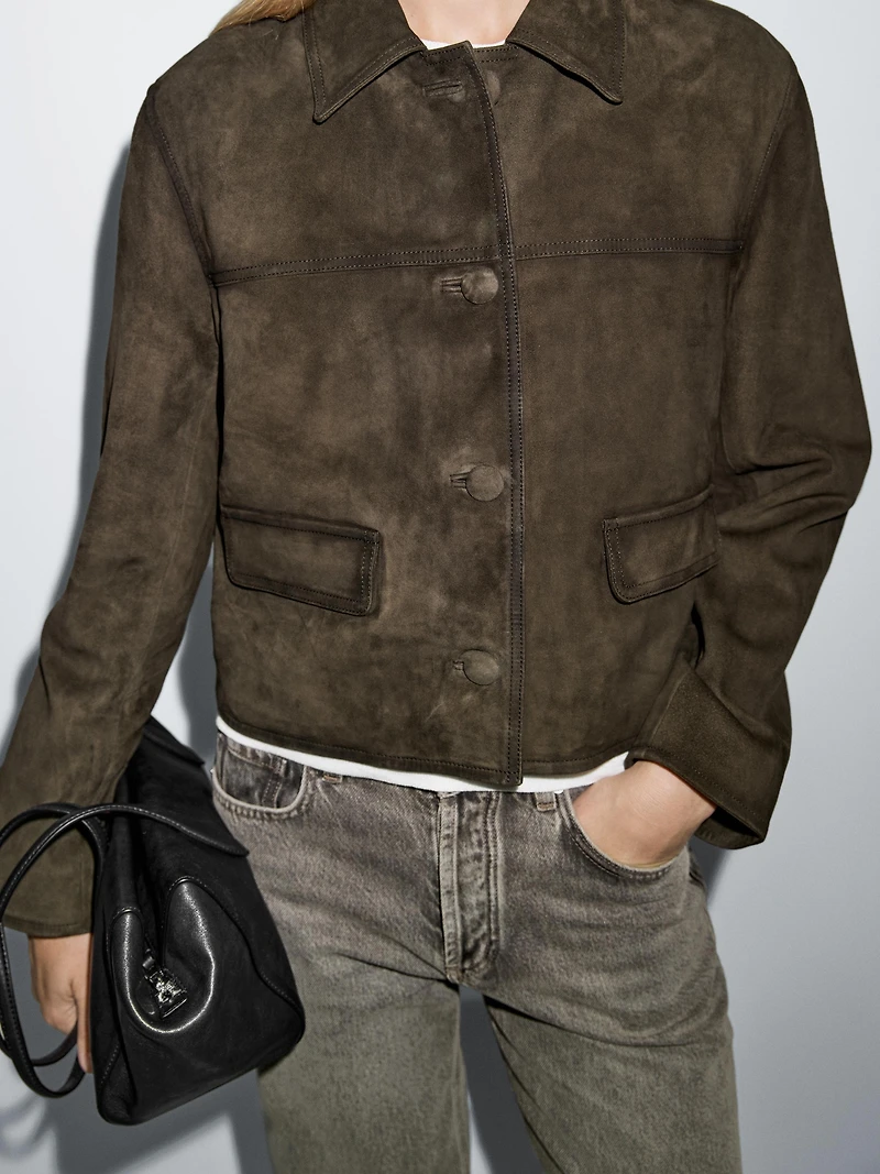 Veste en cuir effet daim avec boutons recouverts