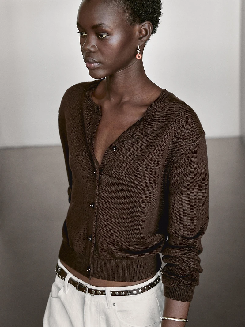 Knit cardigan with rhinestone button detail