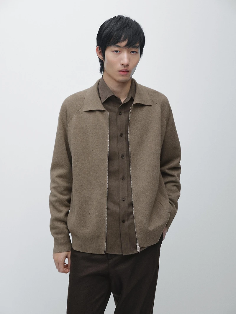 Cotton blend zip-up knit cardigan