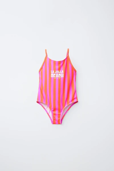6-14 YEARS / STRIPED TEXT LA JOLLA BEACH SWIMSUIT