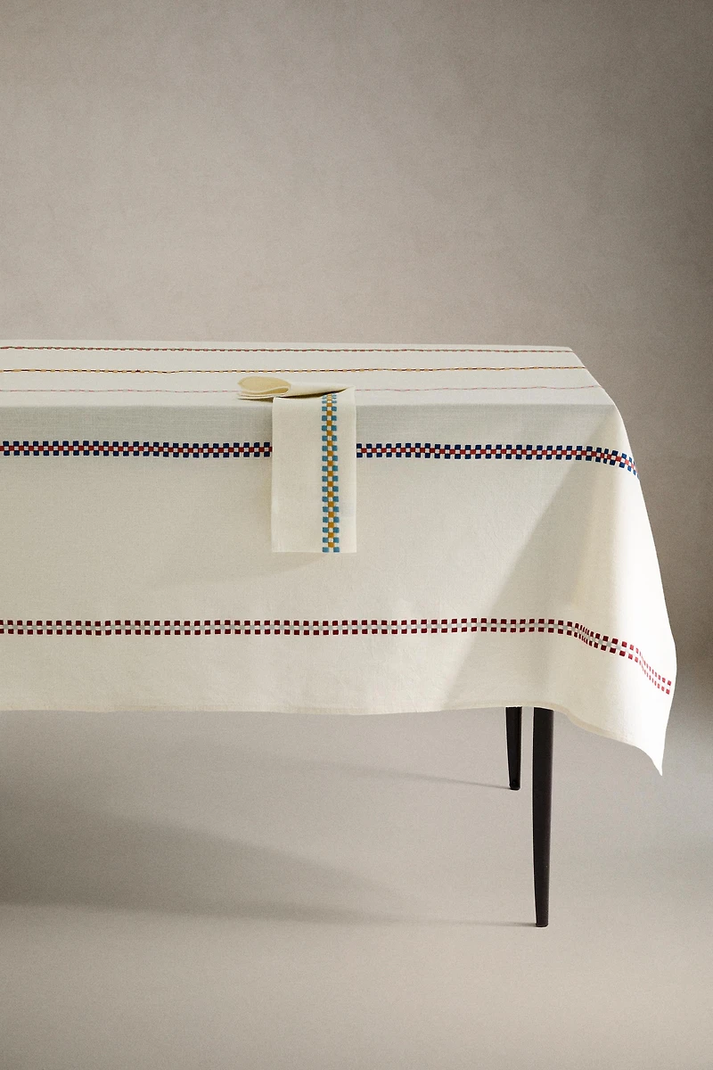 MULTICOLORED EMBROIDERED COTTON TABLECLOTH