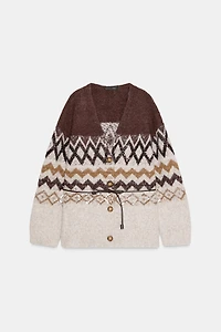 SEQUINED JACQUARD KNIT CARDIGAN WITH BELT