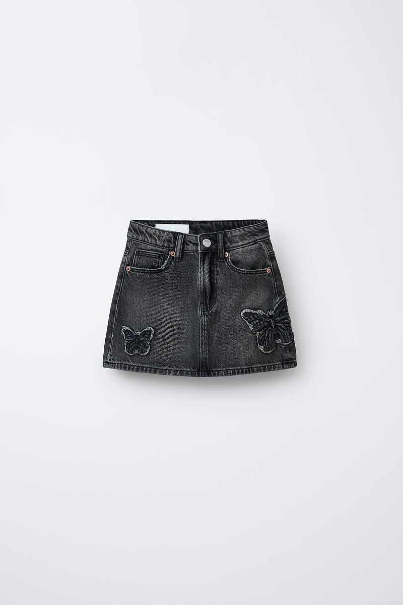 EMBROIDERED BUTTERFLY DENIM SKIRT