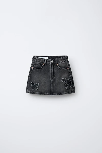 EMBROIDERED BUTTERFLY DENIM SKIRT