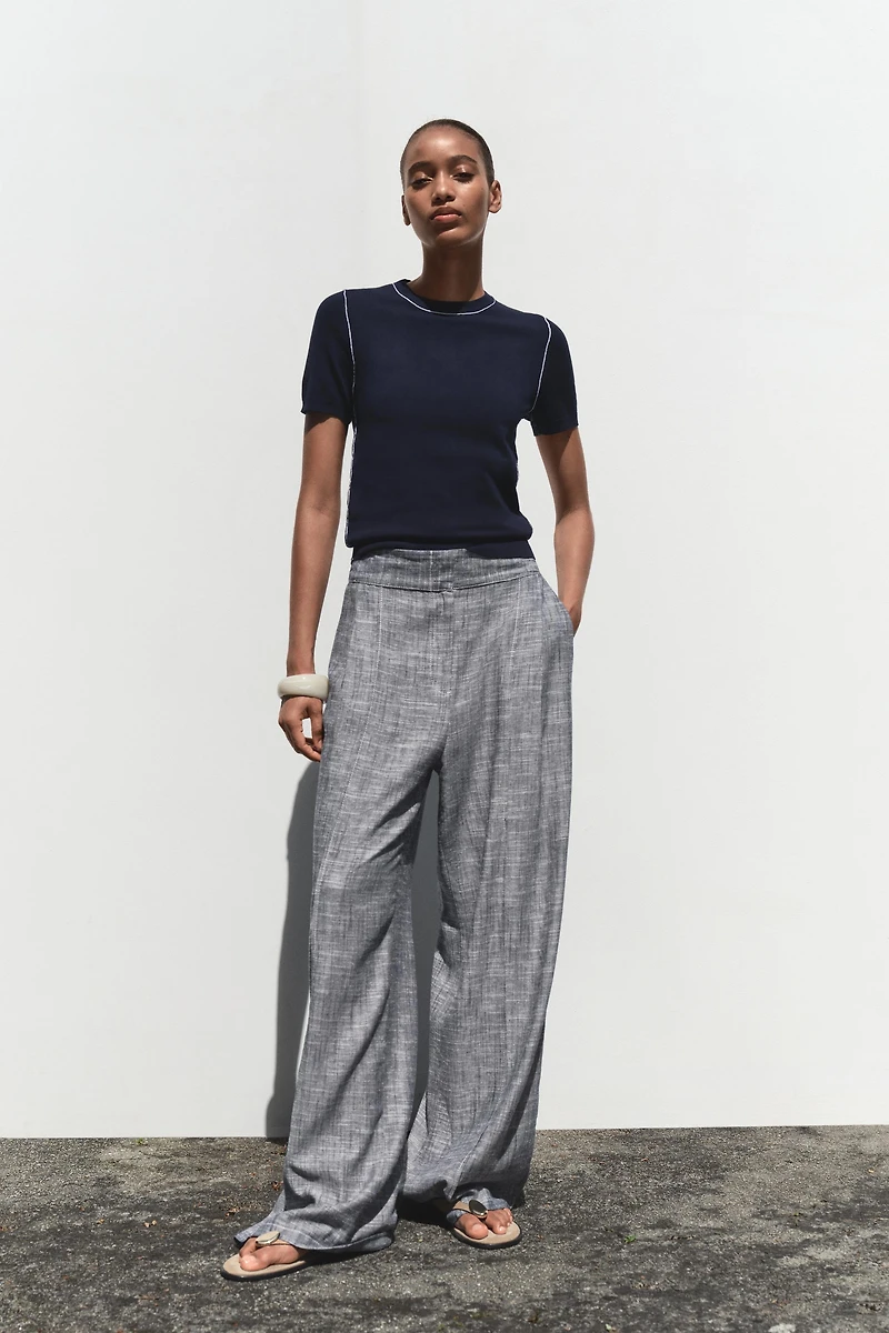 TRIMMED SHORT SLEEVE KNIT TOP