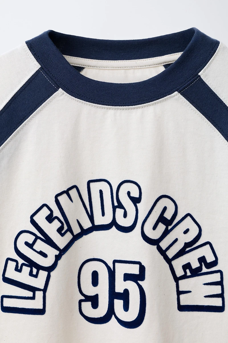 FLOCKED TEXT RAGLAN SLEEVE T-SHIRT