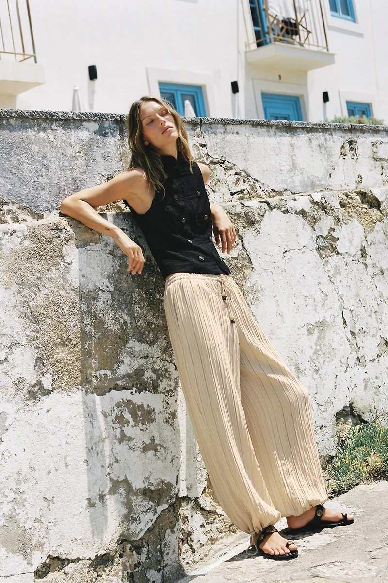 PANTALON LARGE À RAYURES ET TAILLE ÉLASTIQUE