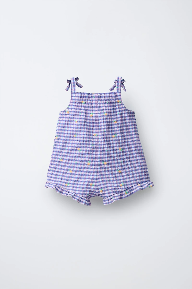 SHORT GINGHAM JUMPSUIT WITH EMBROIDERED FRUIT