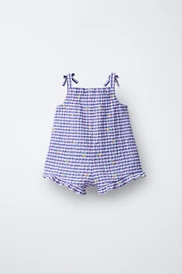 SHORT GINGHAM JUMPSUIT WITH EMBROIDERED FRUIT