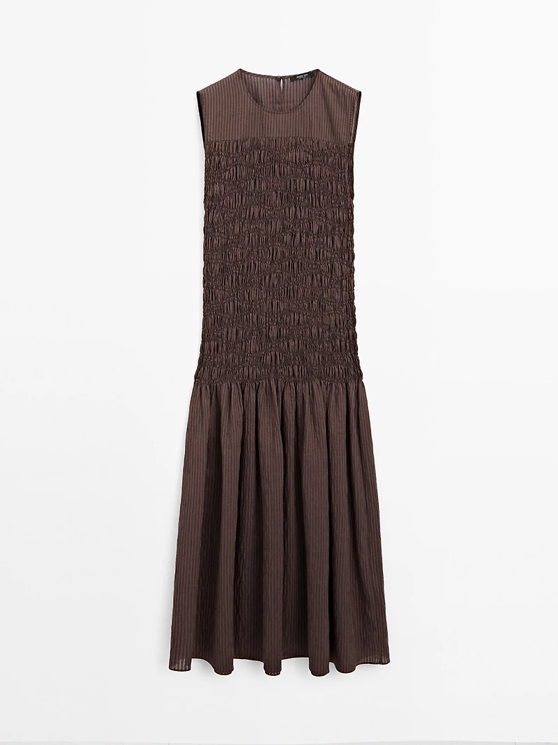 Long flounce dress with gathered detail