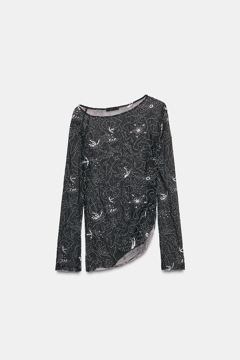 BEADED EMBROIDERED DRAPED TULLE TOP