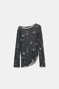 BEADED EMBROIDERED DRAPED TULLE TOP