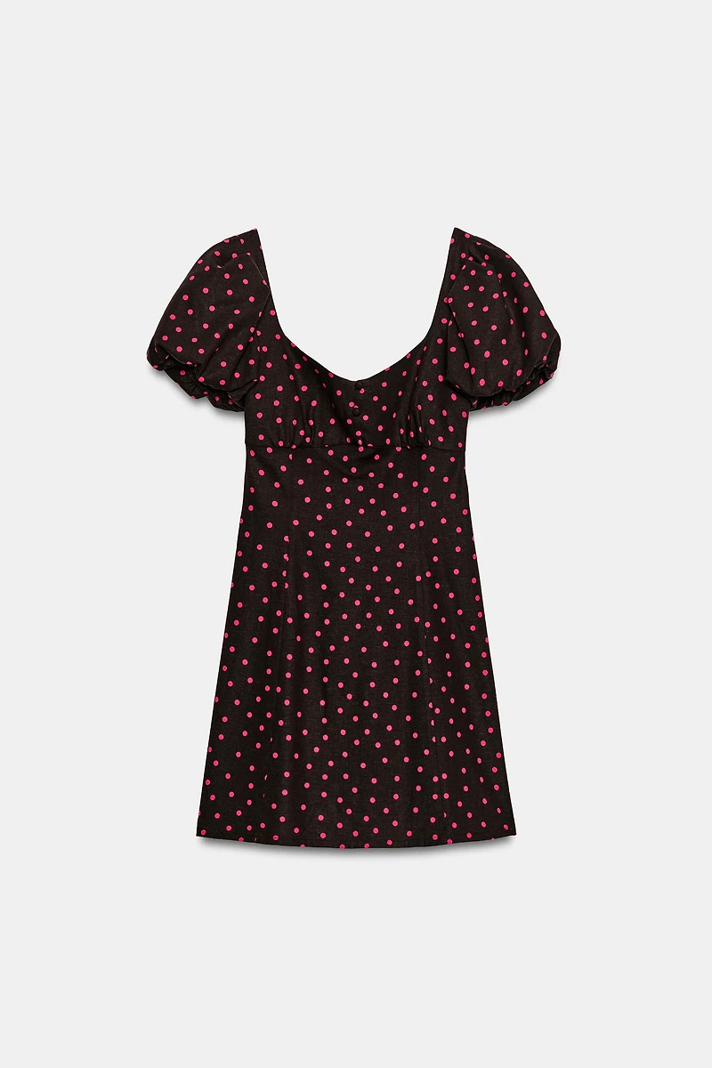 LINEN BLEND BALLOON SLEEVE POLKA DOT DRESS