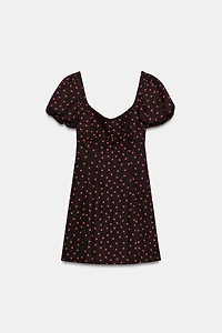 LINEN BLEND BALLOON SLEEVE POLKA DOT DRESS