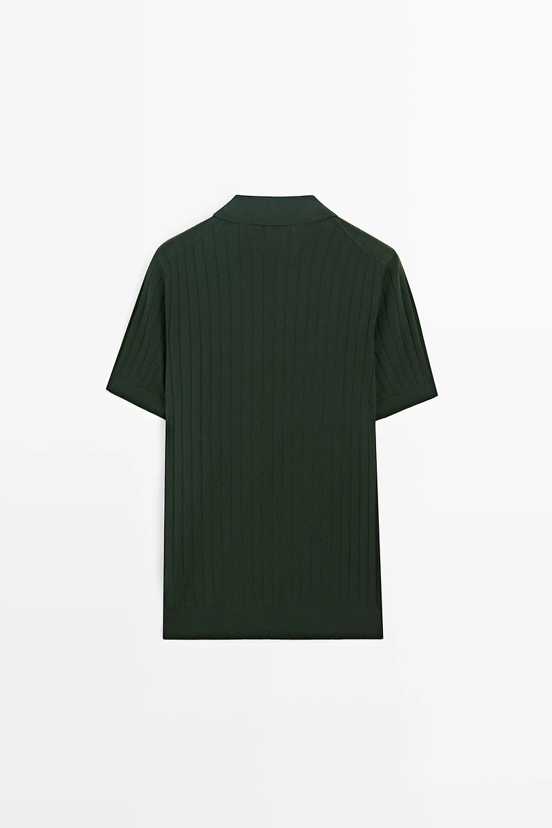 Ribbed knit cotton blend polo shirt