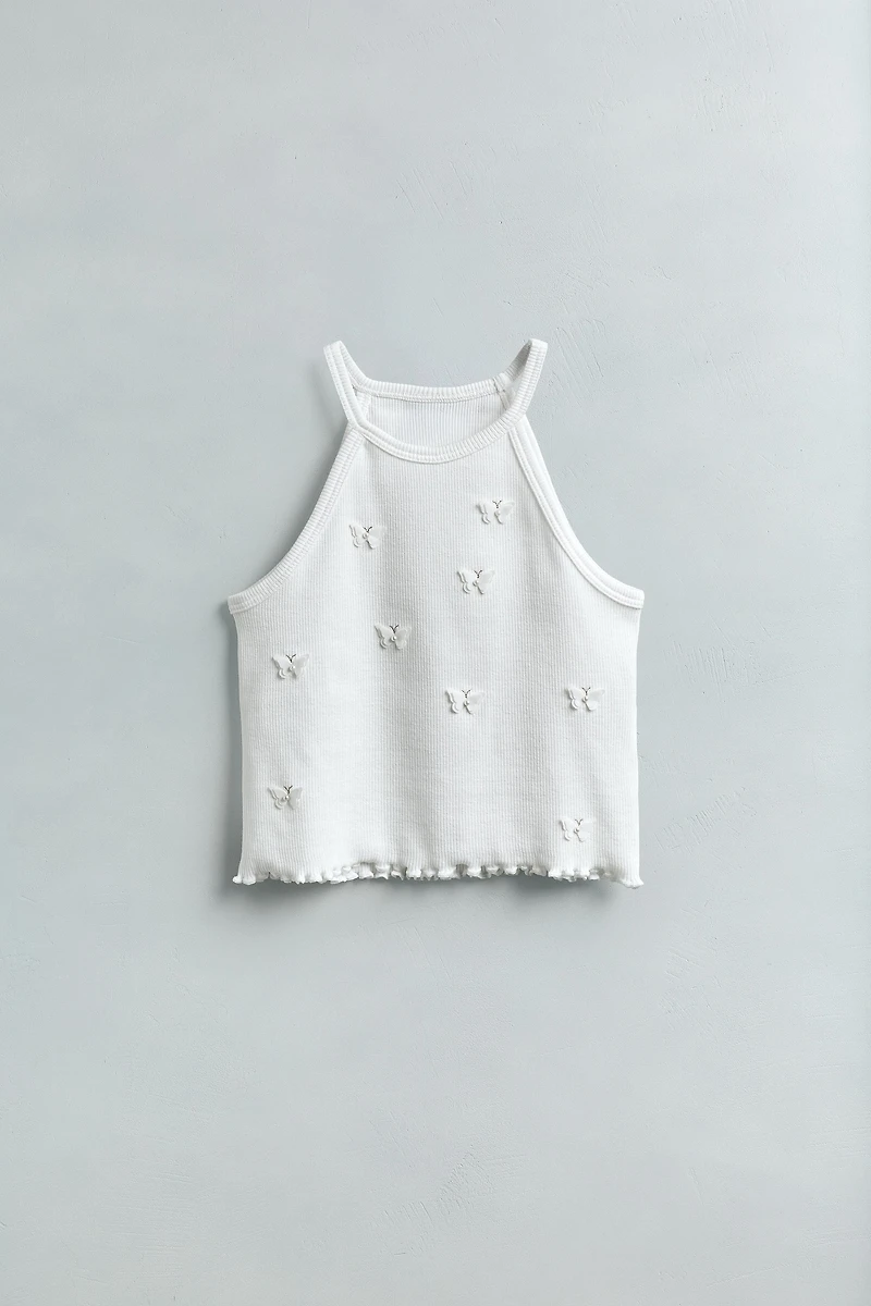 T-SHIRT CÔTELÉ PAPILLONS ET FLEURS