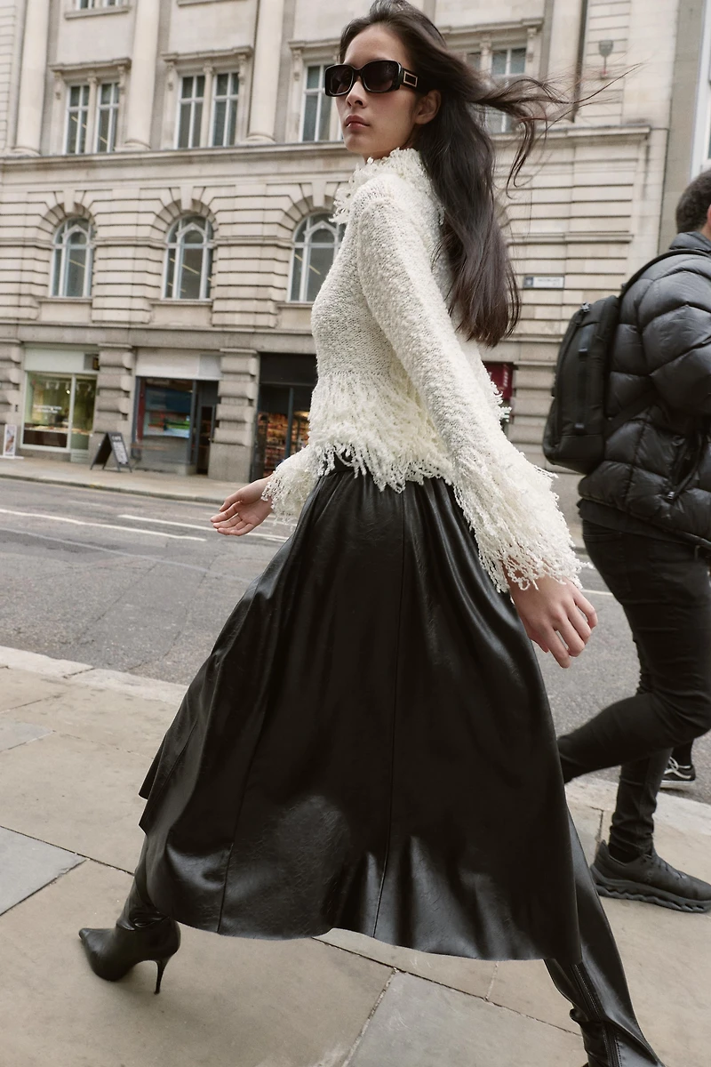 FAUX LEATHER LAYERED BELTED MIDI SKIRT