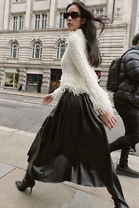 FAUX LEATHER LAYERED BELTED MIDI SKIRT