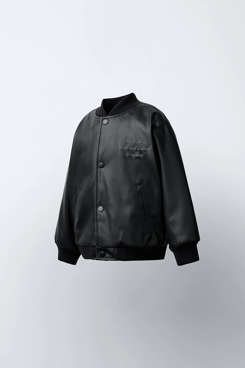 EMBROIDERED TEXT FAUX LEATHER BOMBER JACKET