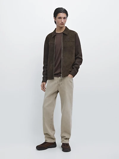 Contrast cotton and leather jacket