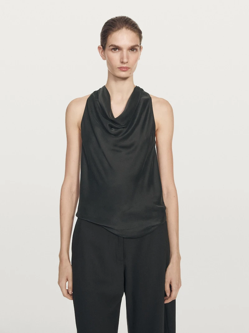 Silk blend top with cowl neck and tie