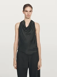 Silk blend top with cowl neck and tie