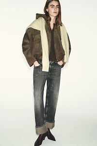 OVERSIZED FAUX SUEDE HOODED BOMBER JACKET