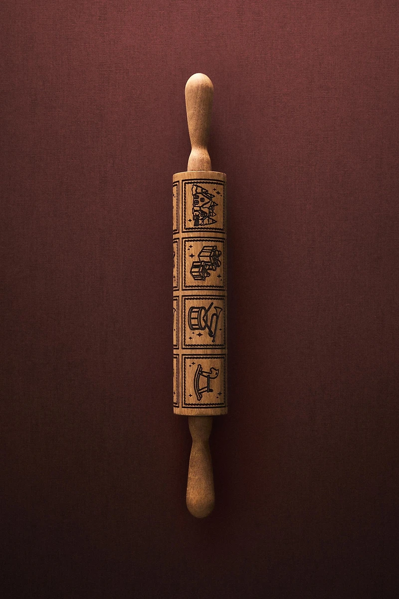 ACACIA WOOD ROLLING PIN WITH RAISED CHRISTMAS DESIGN