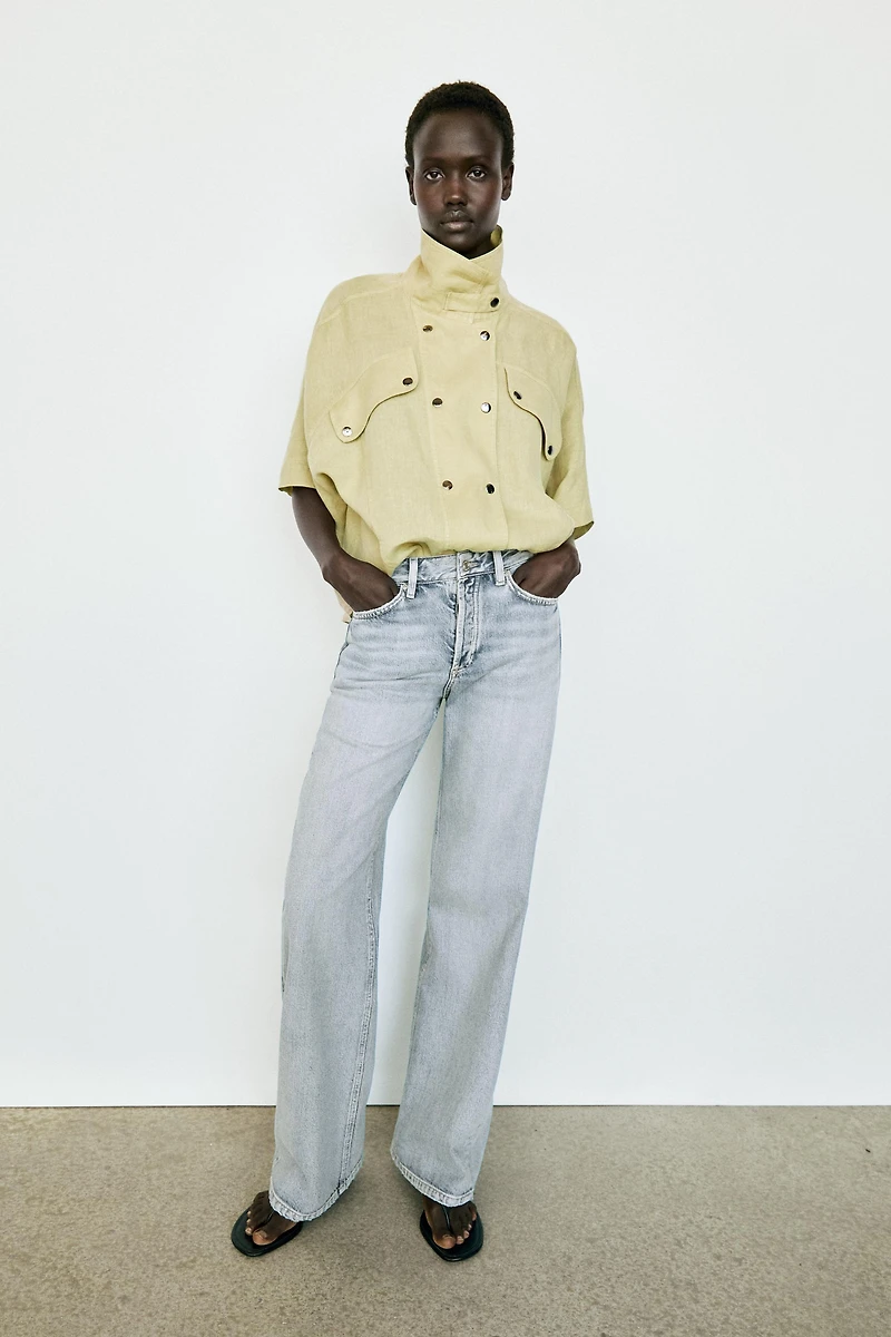Short sleeve linen snap button shirt
