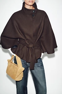 SHORT WOOL CAPE COAT WITH BELT