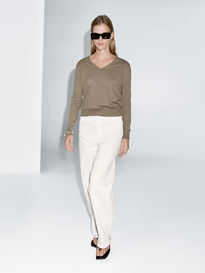 Wool blend V-neck knit sweater