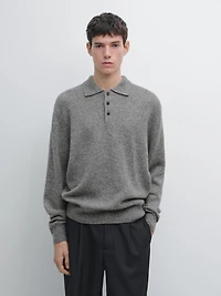 Flecked knit wool blend polo sweater