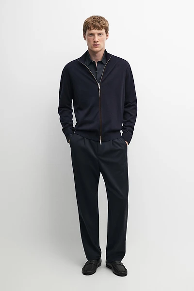 Merino wool blend zip-up knit cardigan